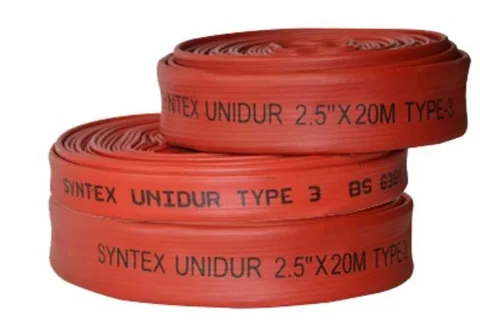 Red industrial rubber-lined fire hose